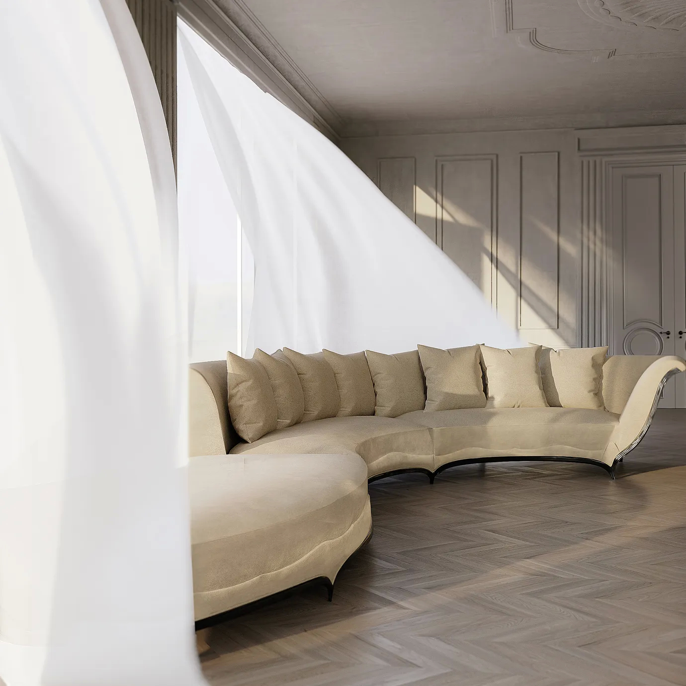 The Heavenly Sofa graces a light-filled room with flowing curtains and a herringbone floor, showcasing its elegant curves and plush cushions.