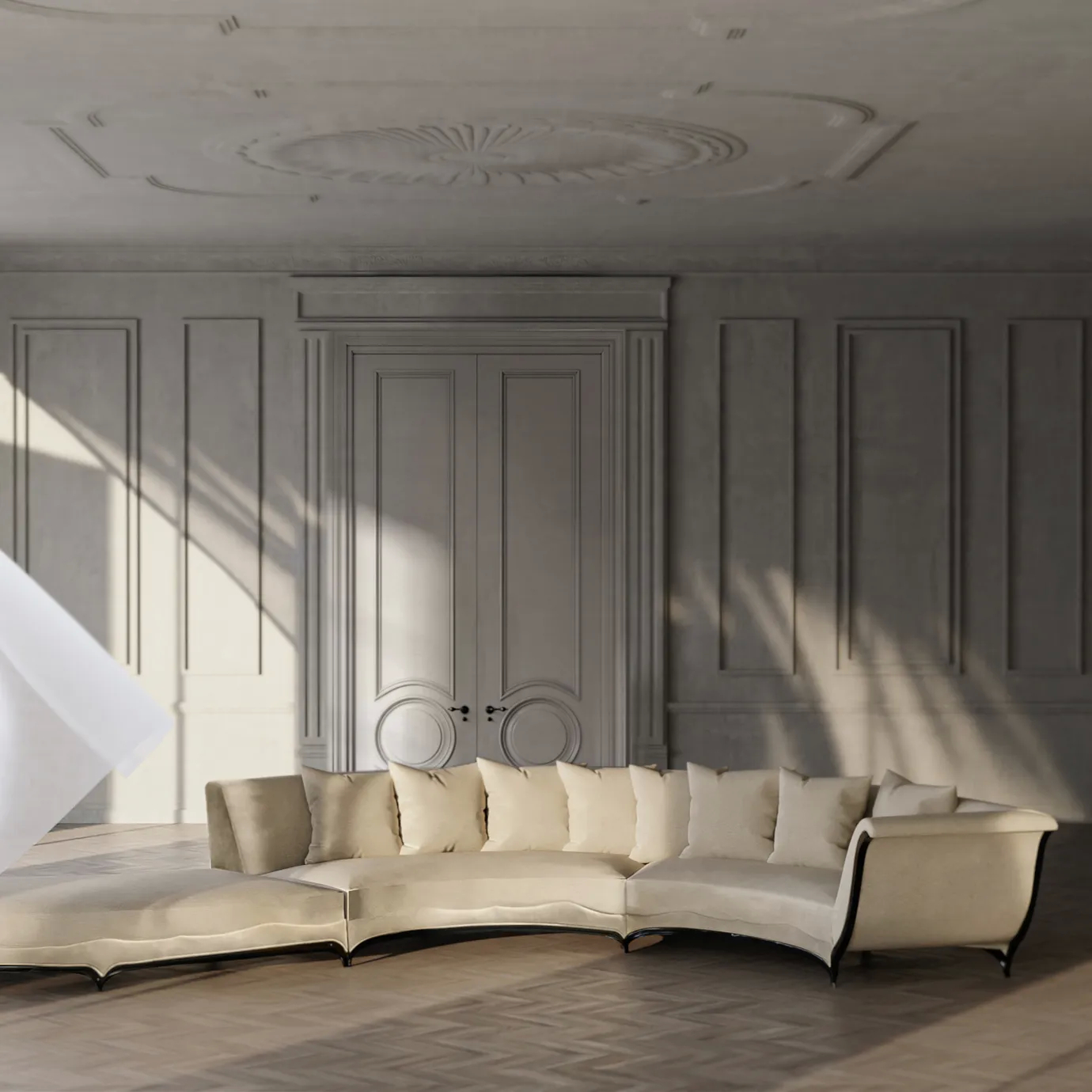 The Heavenly Sofa graces a refined room with classic paneling and a herringbone floor, bathed in soft, filtered light.