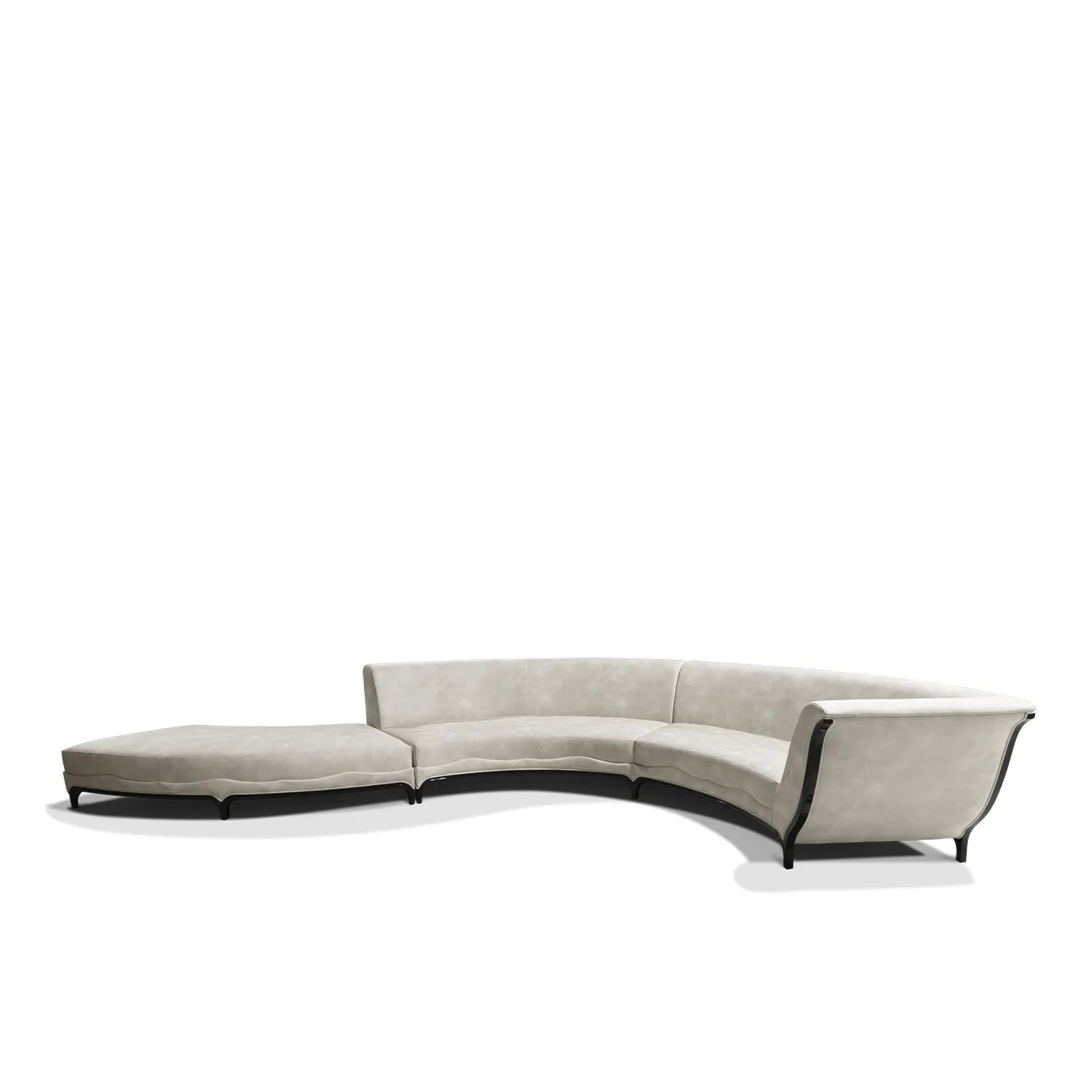 Front view of the Heavenly Sofa showcasing its curved form and light upholstery, without the cushions.