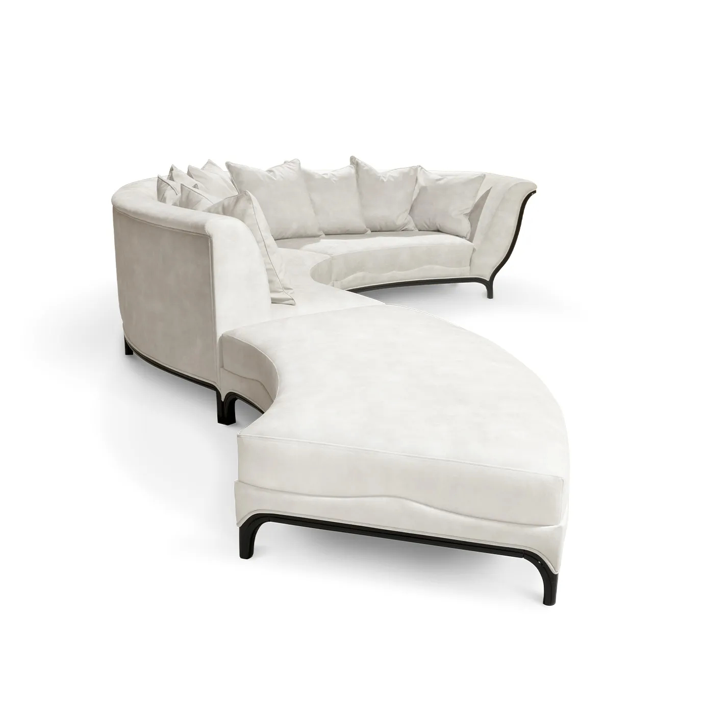 Side view of the Heavenly Sofa showcasing its elegant curve, chaise extension, plush cushions, and dark trim detail.