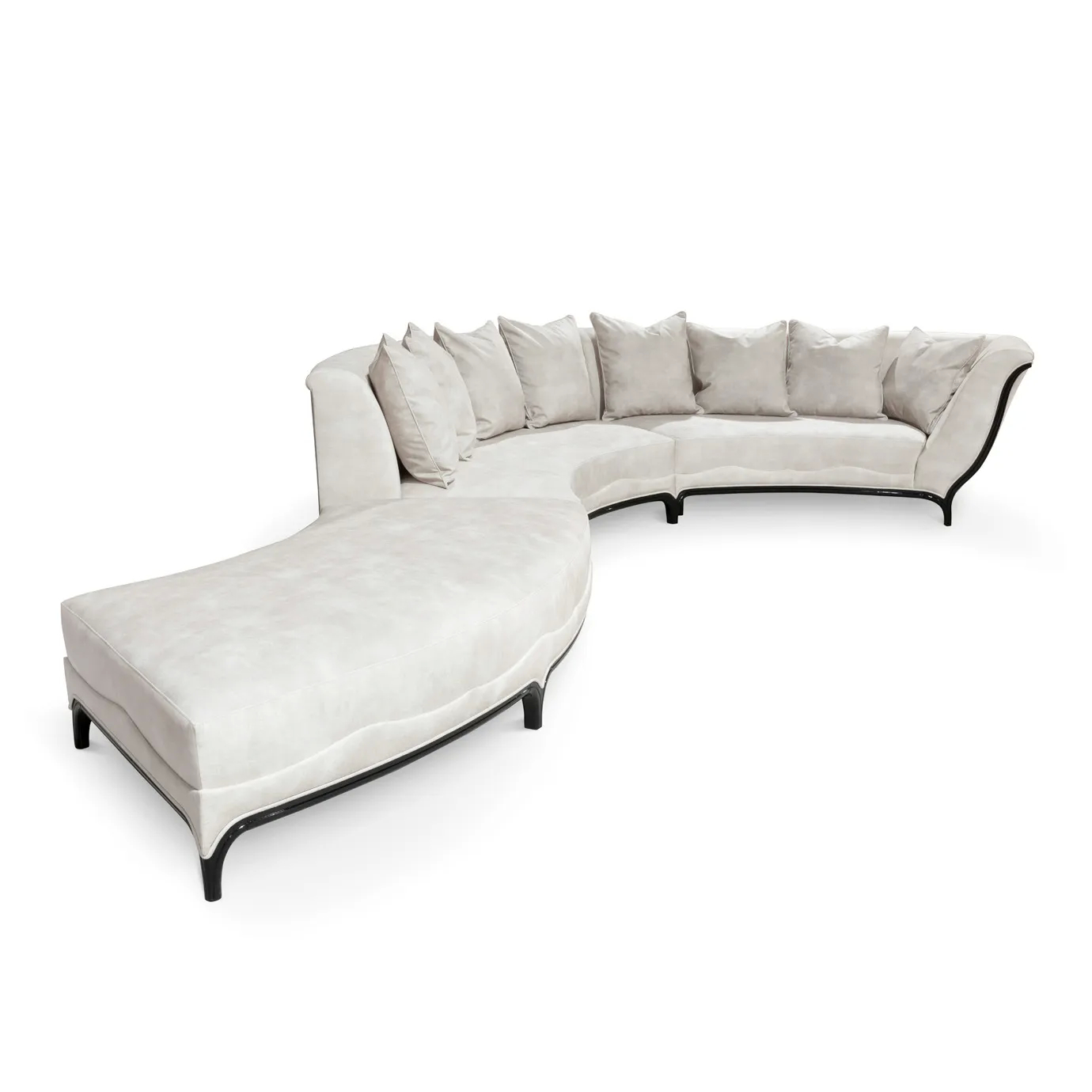 45º front view of the Heavenly Sofa showing its sweeping curve, plush light upholstery, numerous cushions, and dark trim.