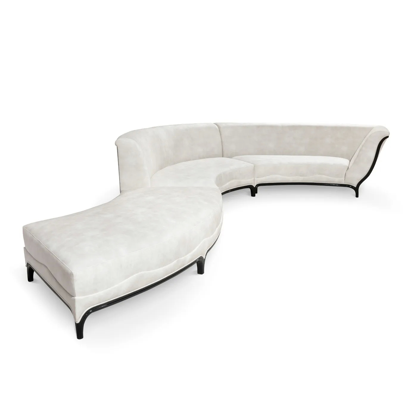 Another side view of the Heavenly Sofa, showing its flowing lines and chaise lounge extension without the added cushions.
