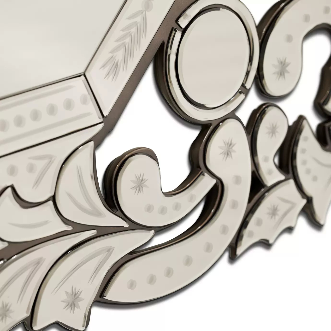 Close-up of the intricate and engraved details of the ornate Addicta Mirror.
