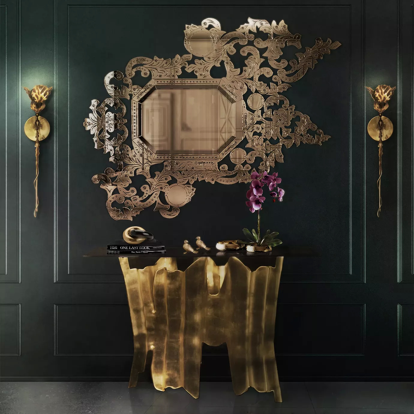 Elegant golden Obssedia Console under the ornate Addicta Mirror on a dark green wall.