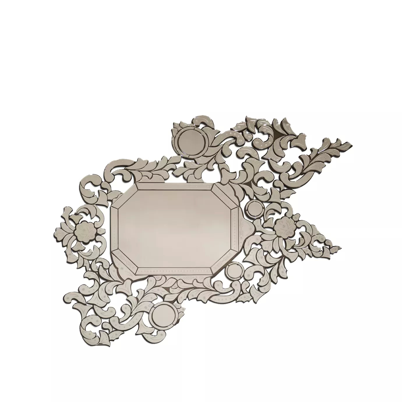 Luxury Venetian-style wall mirror with ornate design, intricate hand-carved glass details, and high-gloss metallic interior