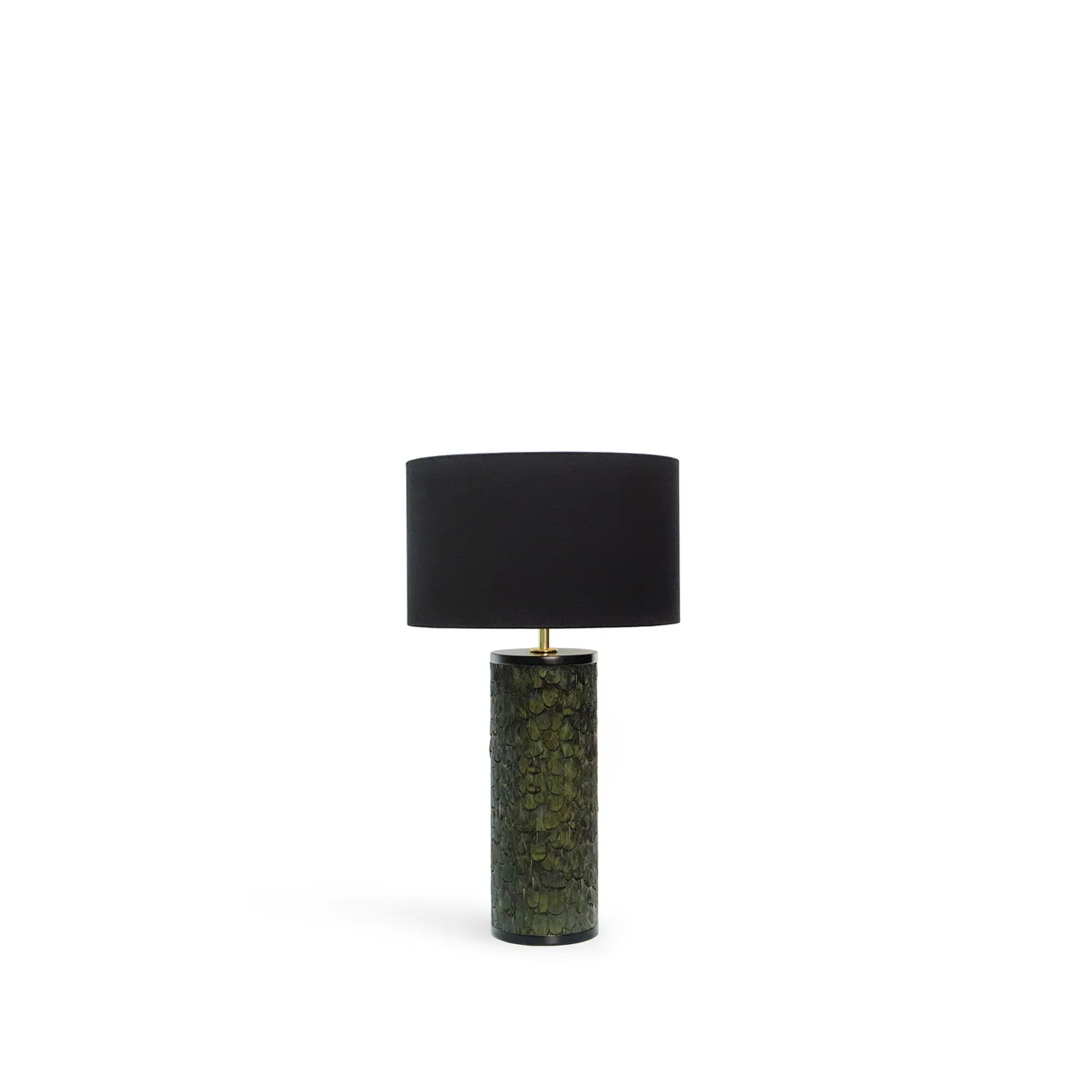 Tailor Peacock Feather Table Lamp with a cylindrical base covered in green peacock feathers and a round black lampshade.