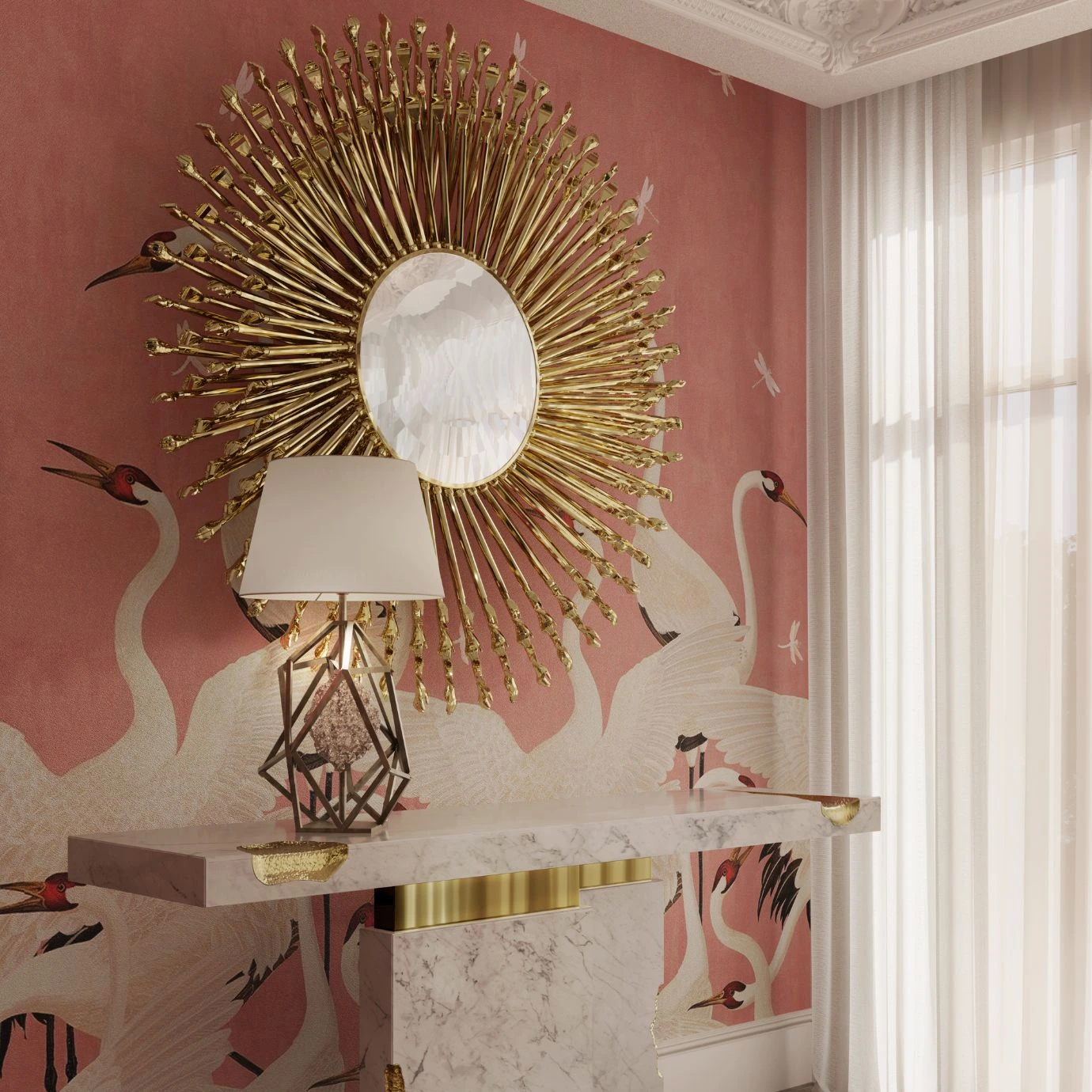 Elegant interior featuring KOKET’s Gem Table Lamp with a crystallized geometric silhouette on a marble console