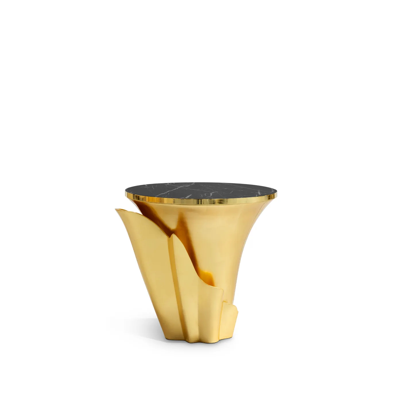 Featuring a sultry silhouette, Yasmine Gold Leaf Side Table has a black marble tabletop with golden edges, set on a solid wooden golden base, adorned with a golden structure that arches back and forth.