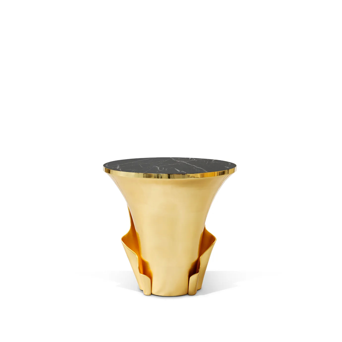 Yasmine Gold Leaf Side Table: with a sultry silhouette, this luxurious side table has a black marble tabletop with golden edges set on a solid wooden golden base, adorned with a golden structure, barely visible in this image.
