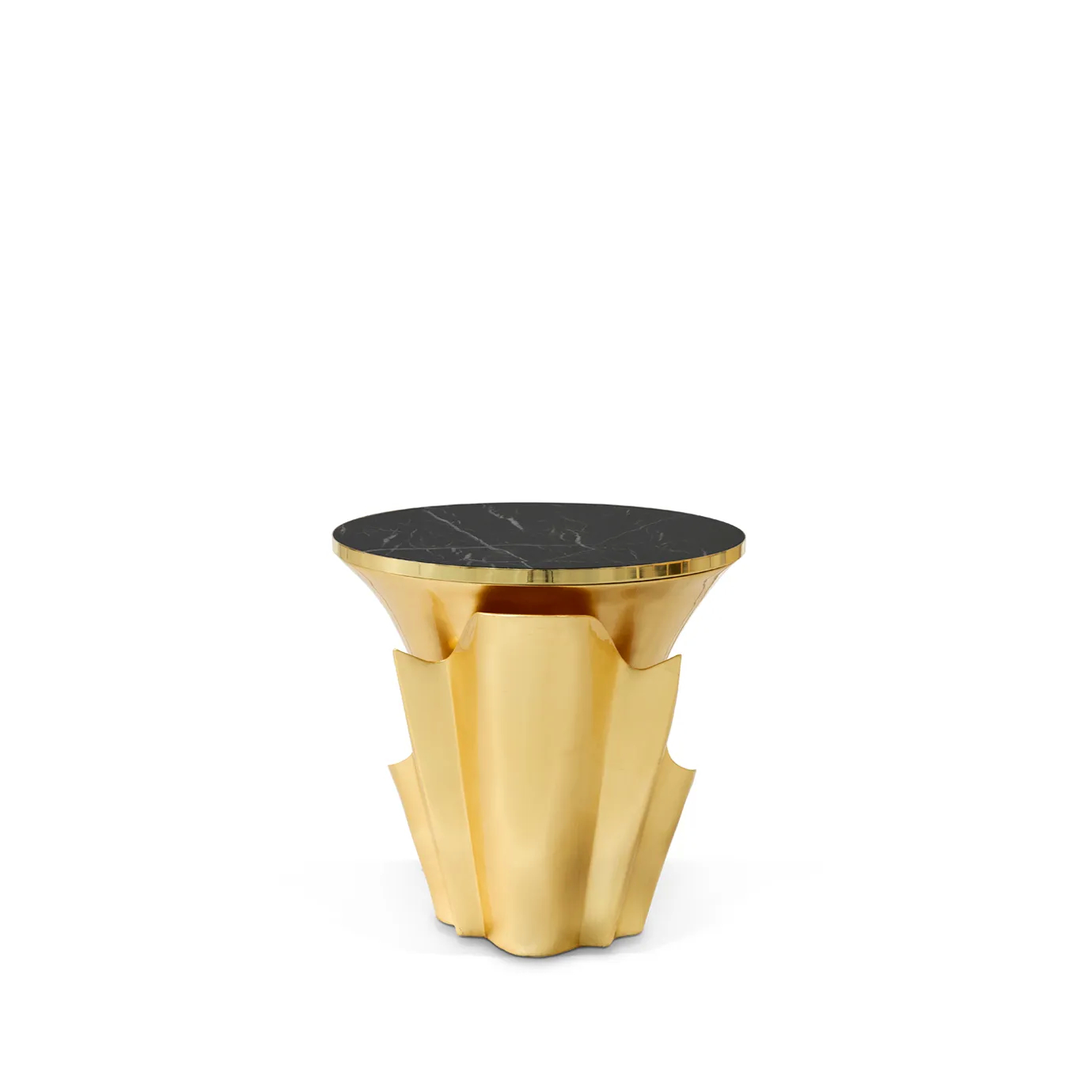 With emphasis on the golden structure that arches back and forth around the solid wooden golden base, the Yasmine Side Table has a black marble tabletop with golden edges.