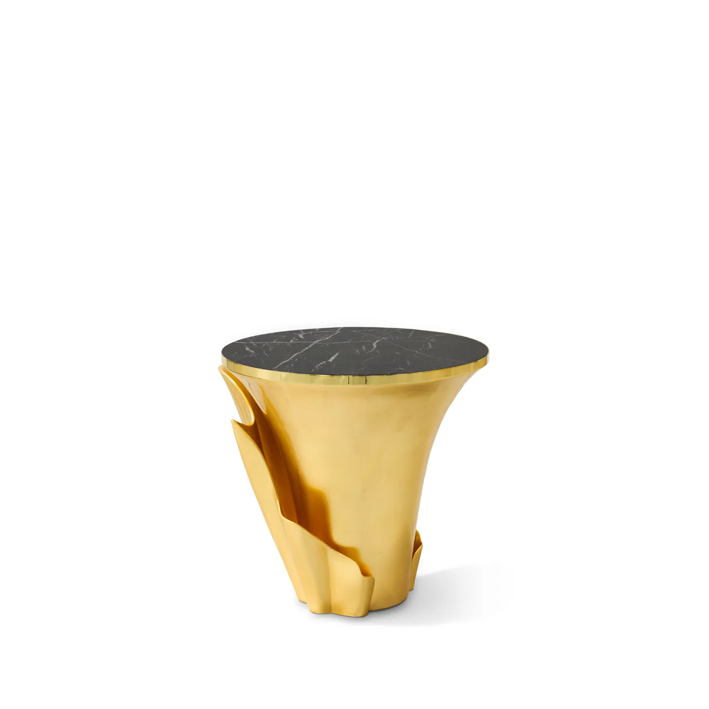 Featuring a sultry silhouette, Yasmine Gold Leaf Side Table has a black marble tabletop with golden edges set on a solid wooden golden base. The base is adorned with an also golden structure that arches back and forth.