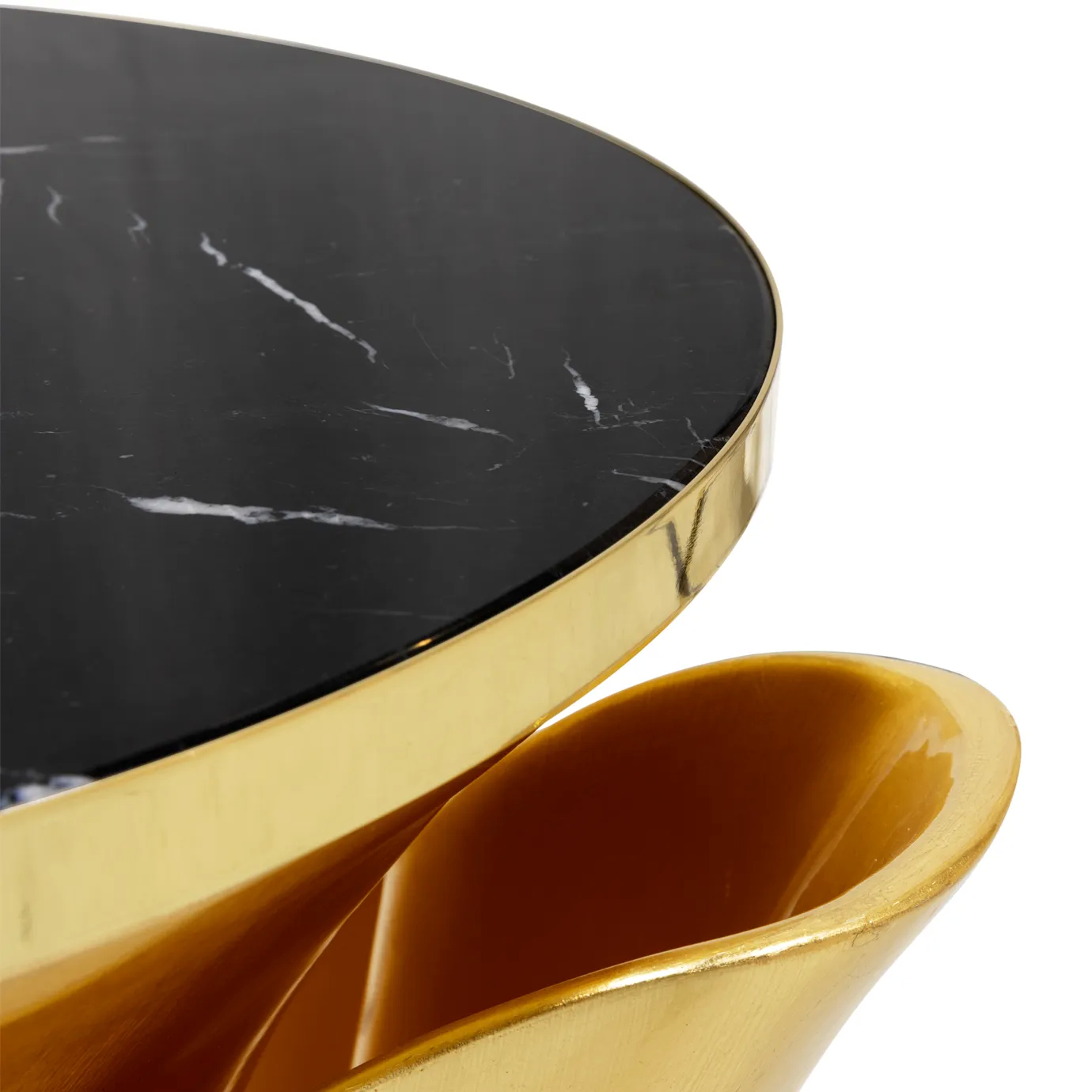 Yasmine Gold Leaf Side Table: featuring a black marble tabletop with golden edges, this side table has a golden structure that arches back and forth around the golden wooden base.