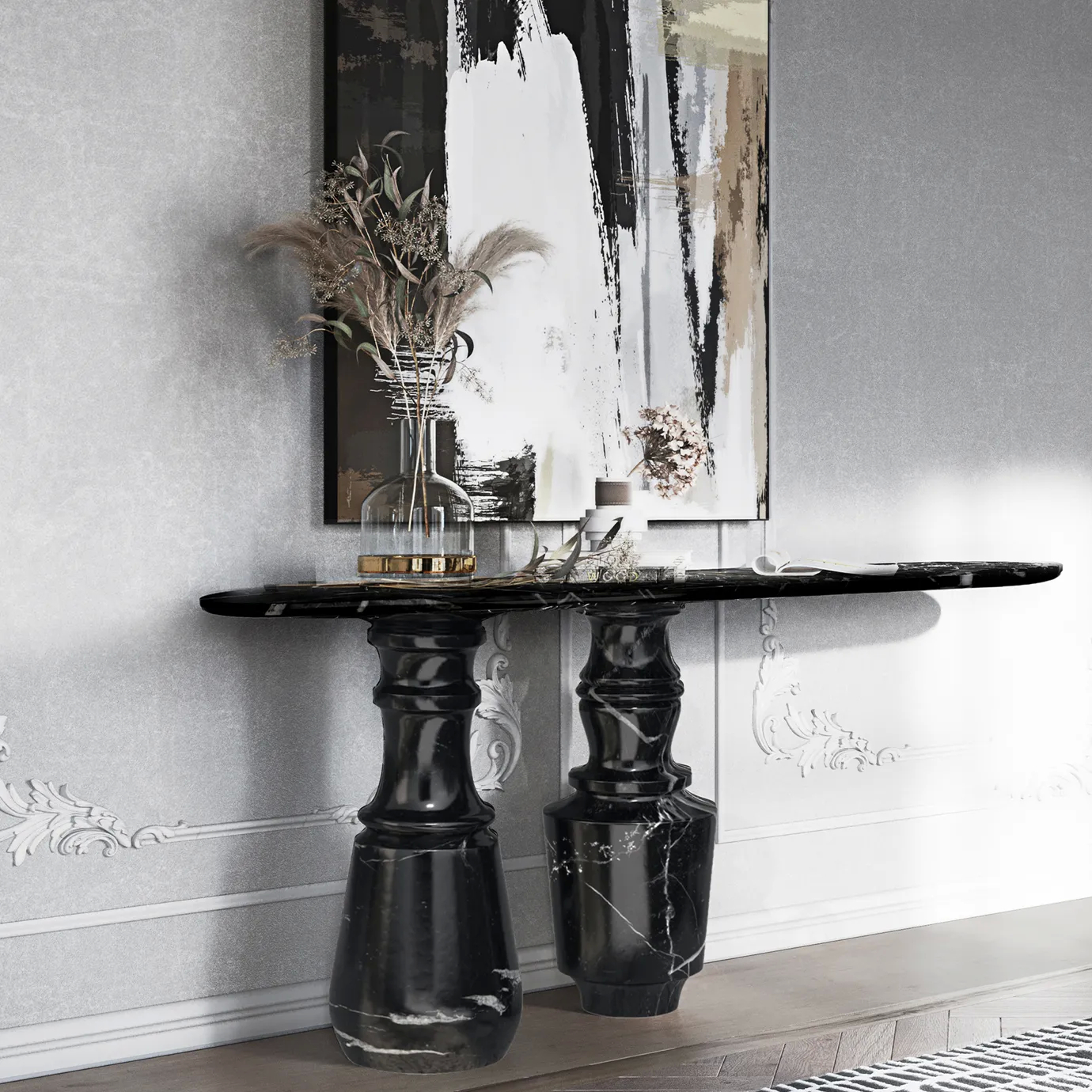 Consulta executada com êxito  Black marble Pietra Nero Marquina Console table in an entryway setting, with an abstract painting on the wall.