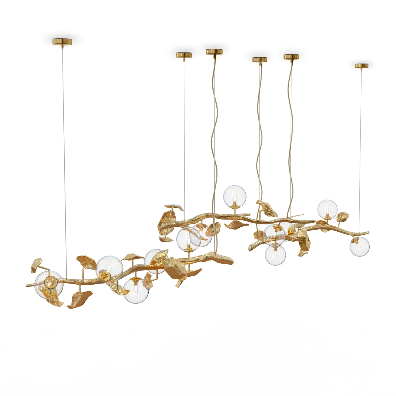 Consulta executada com êxito  A 45-degree view of the Hera Suspension Lamp, featuring golden branches, leaves, and glass orbs.