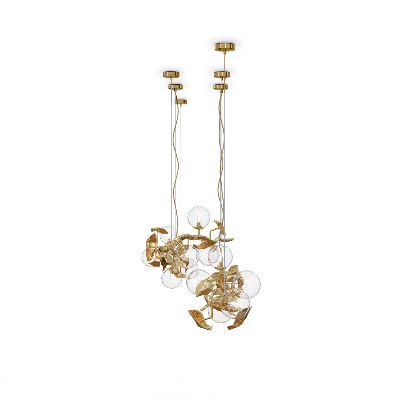 Side view of two Hera Chandeliers with golden branches, leaves, and glass orbs.