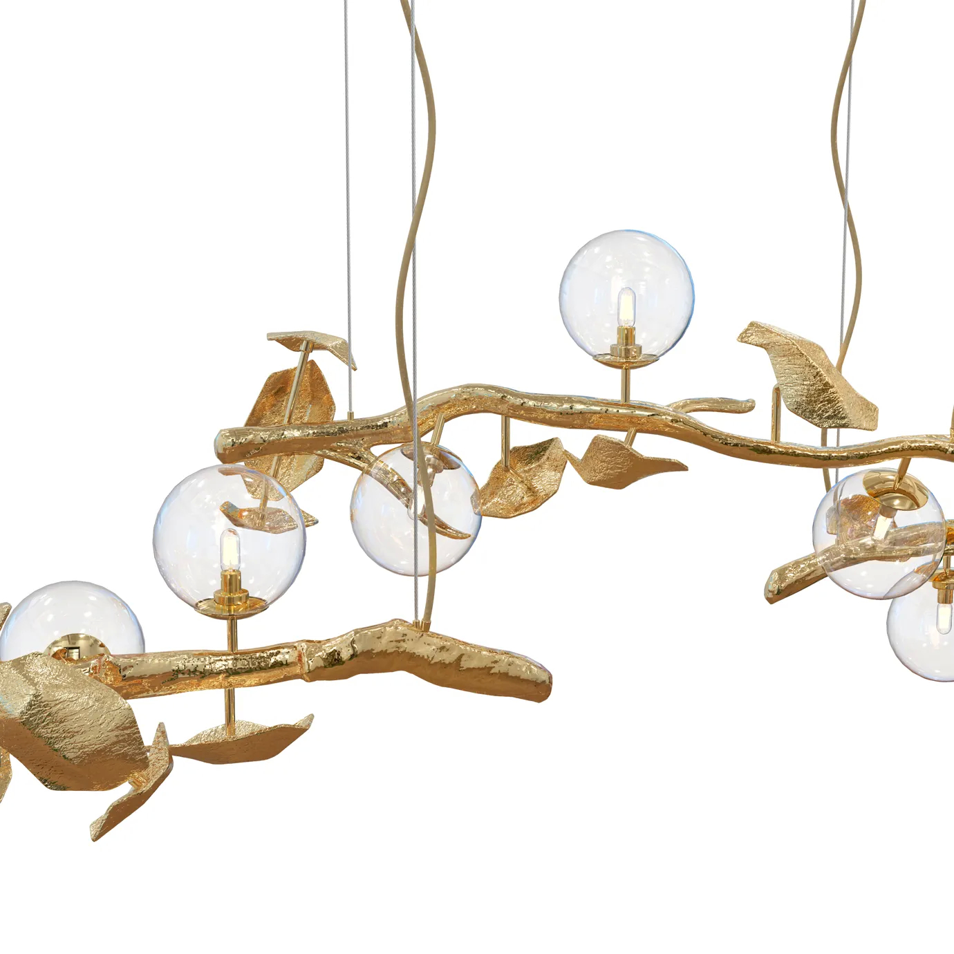 Close-up of the golden branches, leaves, and glass orbs of the Hera Chandelier.