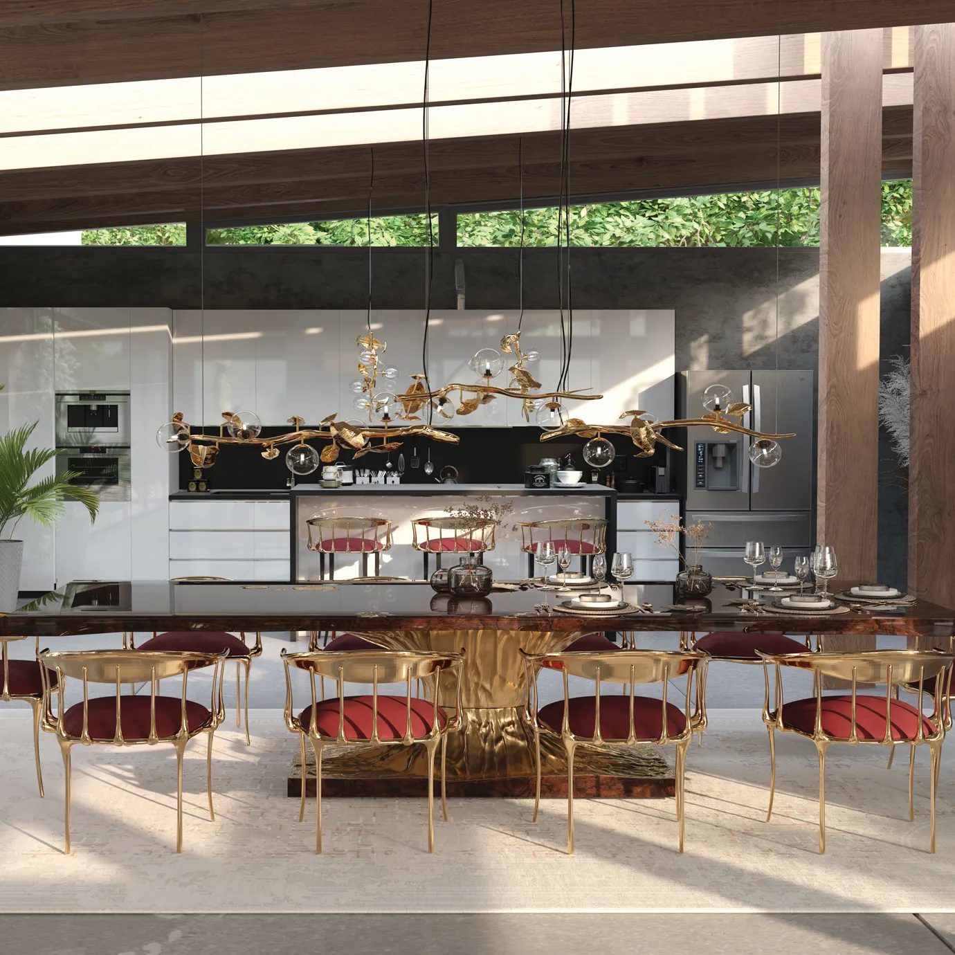 Hera Chandelier over a modern dining table with red chairs in a bright, contemporary dining space.