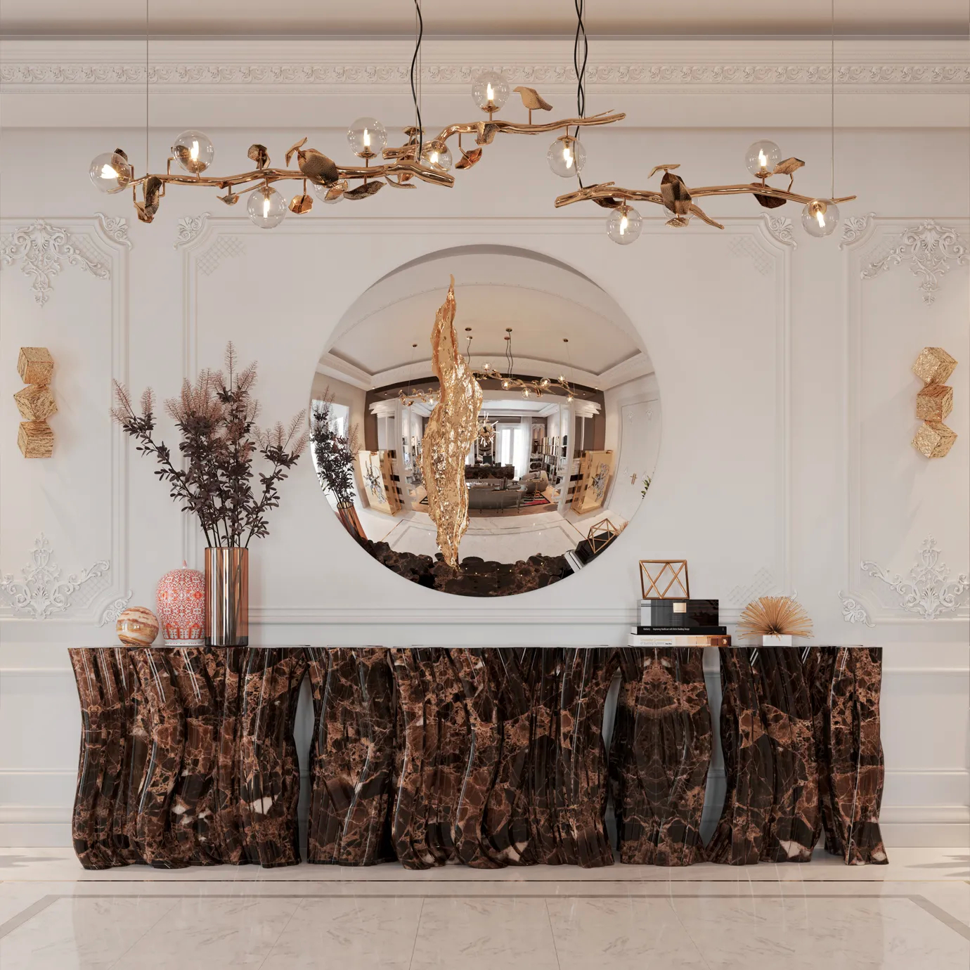 The Hera Chandelier illuminates a luxurious entryway with a textured console table and a large, round mirror reflecting the space.