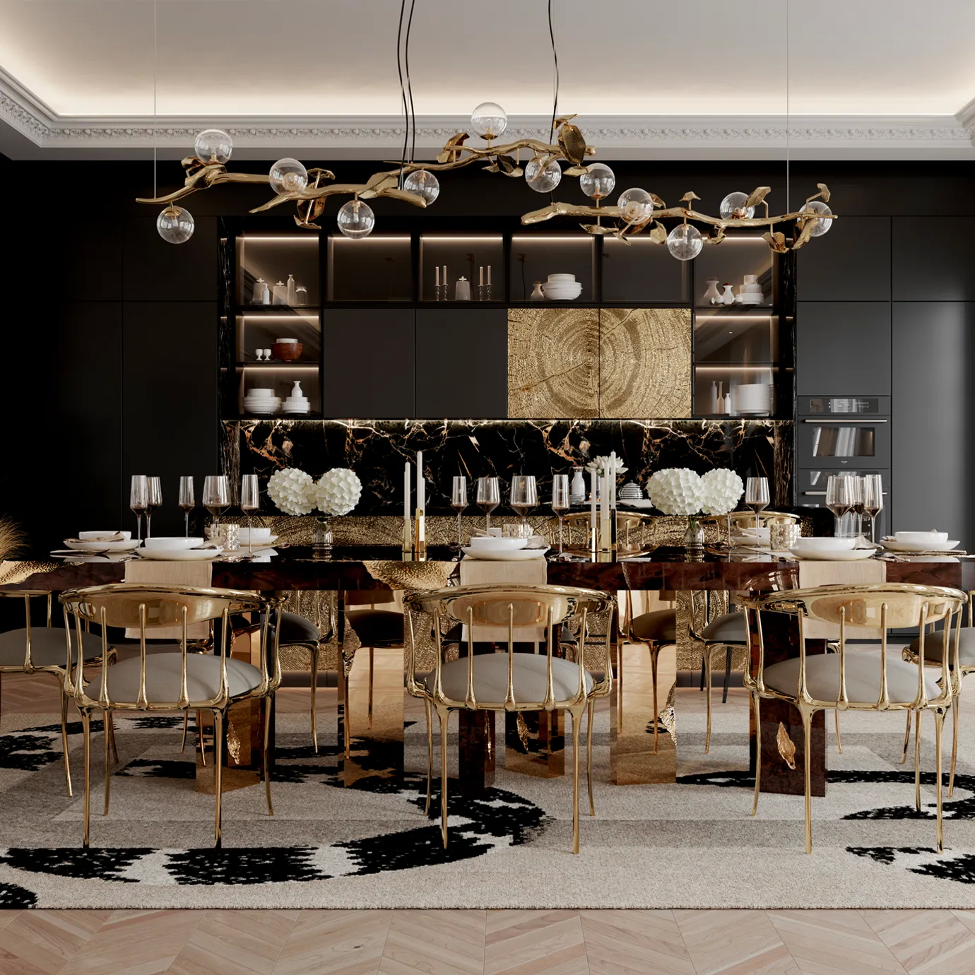The Hera Chandelier illuminates a modern dinning room with a dark blue velvet sofa.
