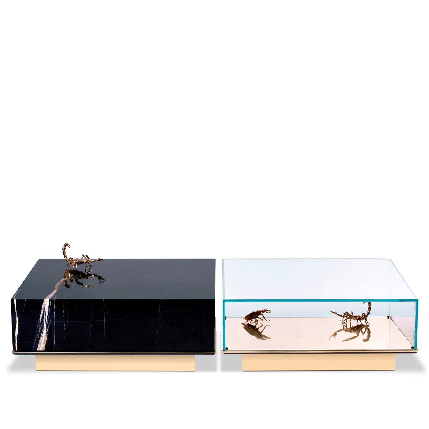 Two Metamorphosis Coffee Tables: black marble with gold insects, mirrored glass with gold scorpions.