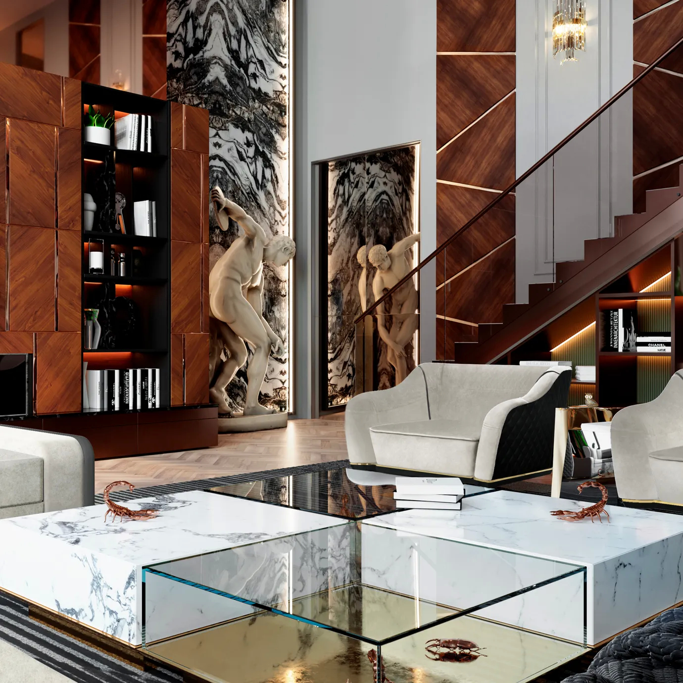 Metamorphosis Center Table with golden scorpions, beetles, and a mirrored glass top in a luxurious living room.