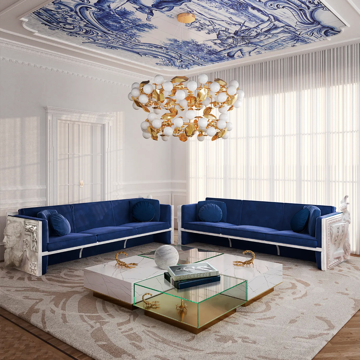 Metamorphosis Center Table: white marble, glass display, golden scorpions, in a luxurious living room.