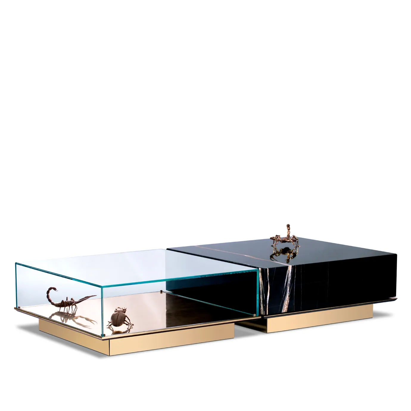 Boca do Lobo Metamorphosis Center Table: half black marble with gold insects, half mirrored glass with gold scorpions.