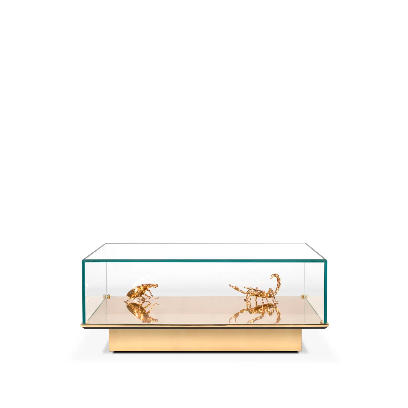 A Metamorphosis Center Table with a mirrored glass top and golden insect sculptures inside.