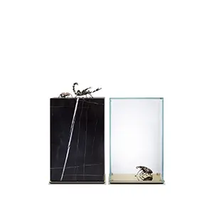 Metamorphosis Side Table with black marble base, scorpion sculpture, and glass display case featuring an insect specimen.