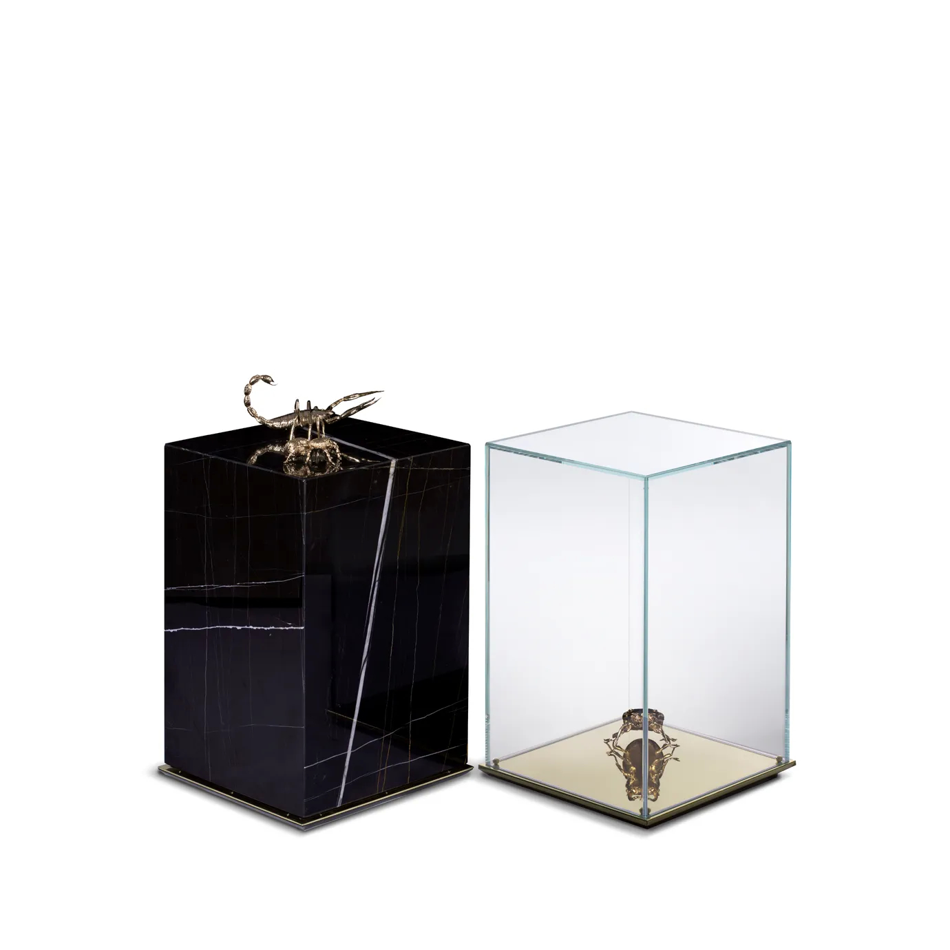 Metamorphosis Side Table with black marble base and scorpion sculpture, paired with glass display case.