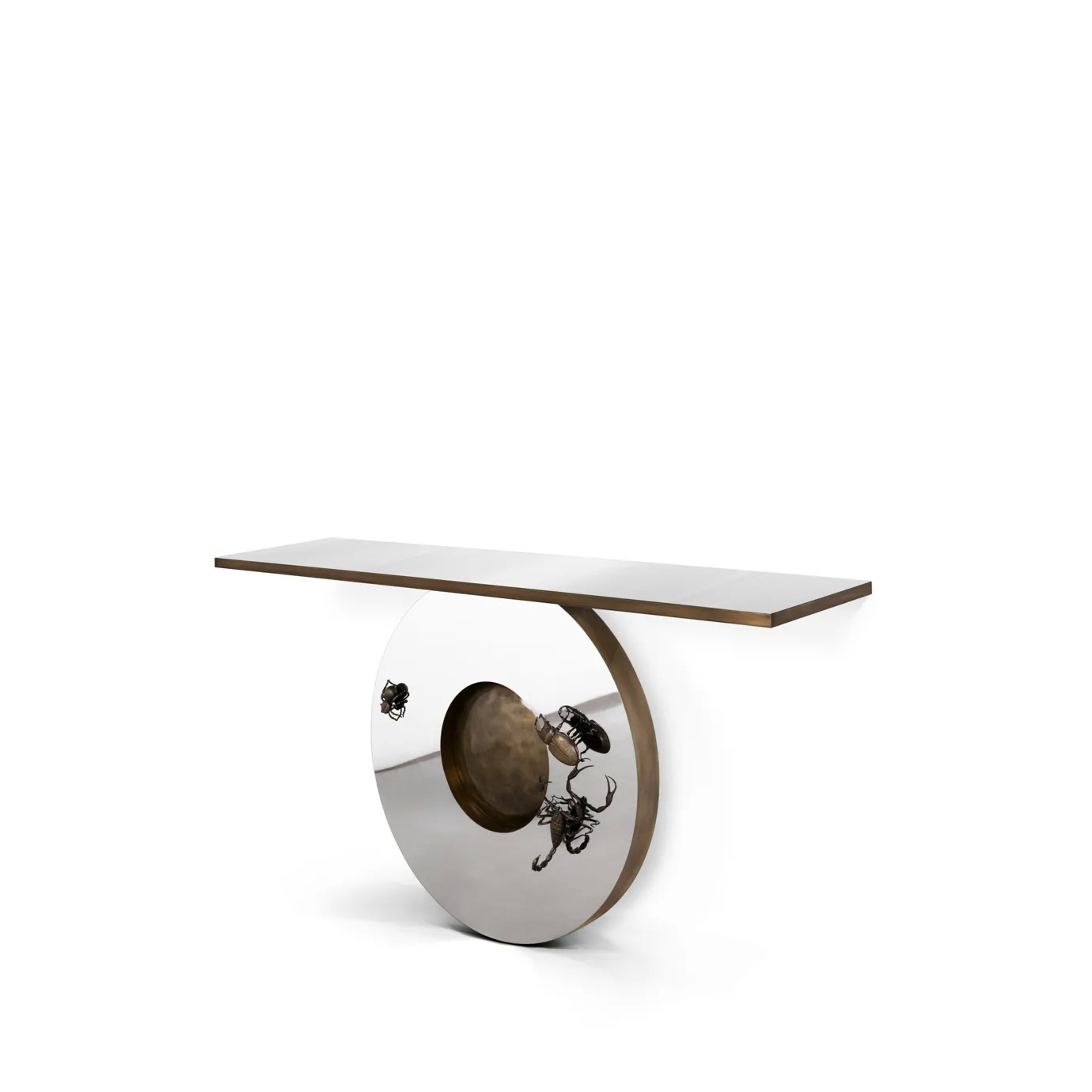 Metamorphosis Console with modern design and oval base featuring intricate insect-inspired detailing.