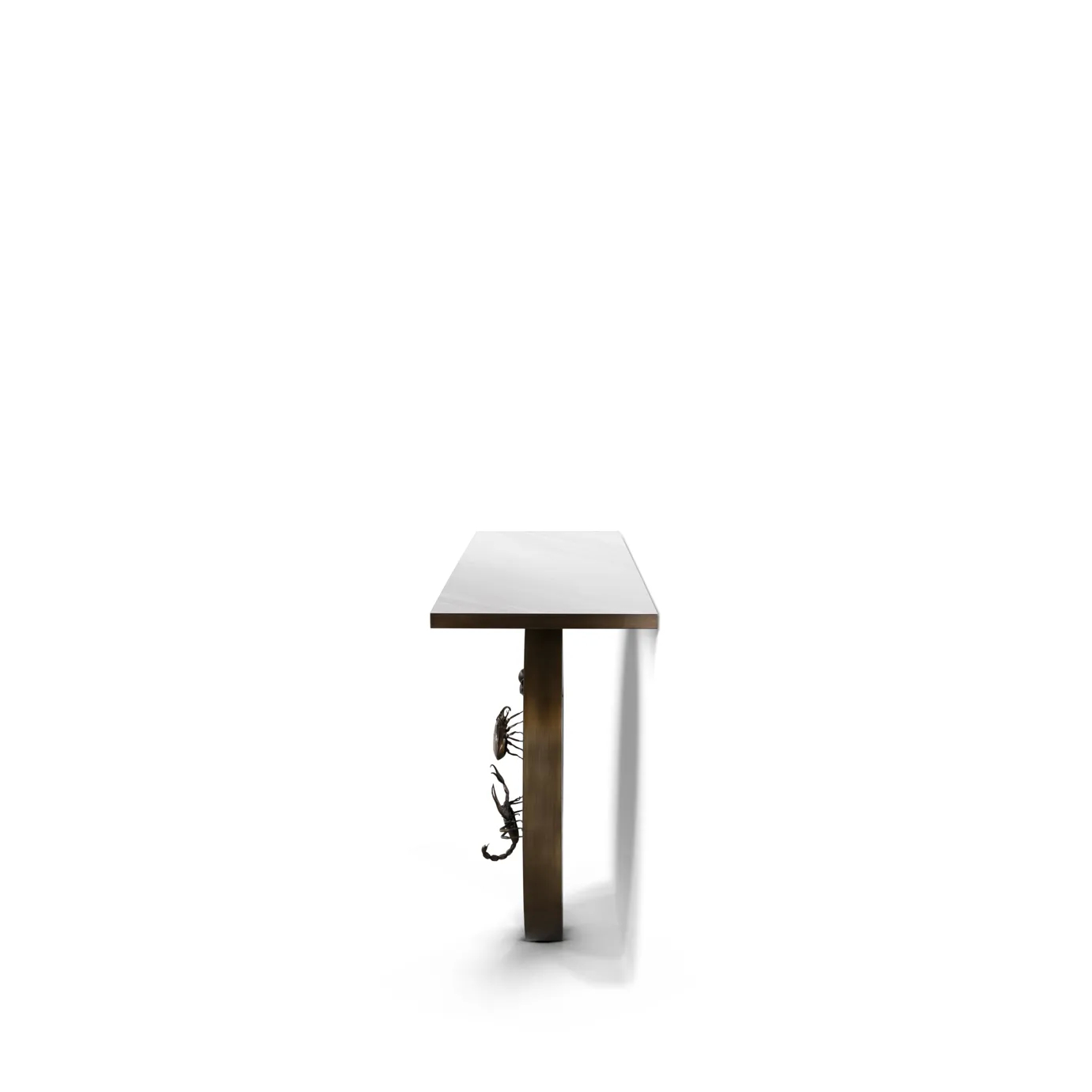 Side view of Metamorphosis Console, highlighting its minimalist design and detailed insect-inspired base.