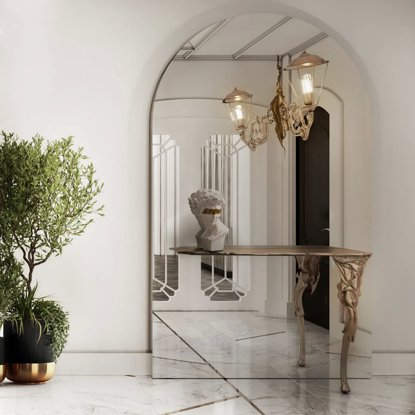 Lumiere Console in a luxurious entryway, featuring an arched mirror, gold accents, and elegant decor.