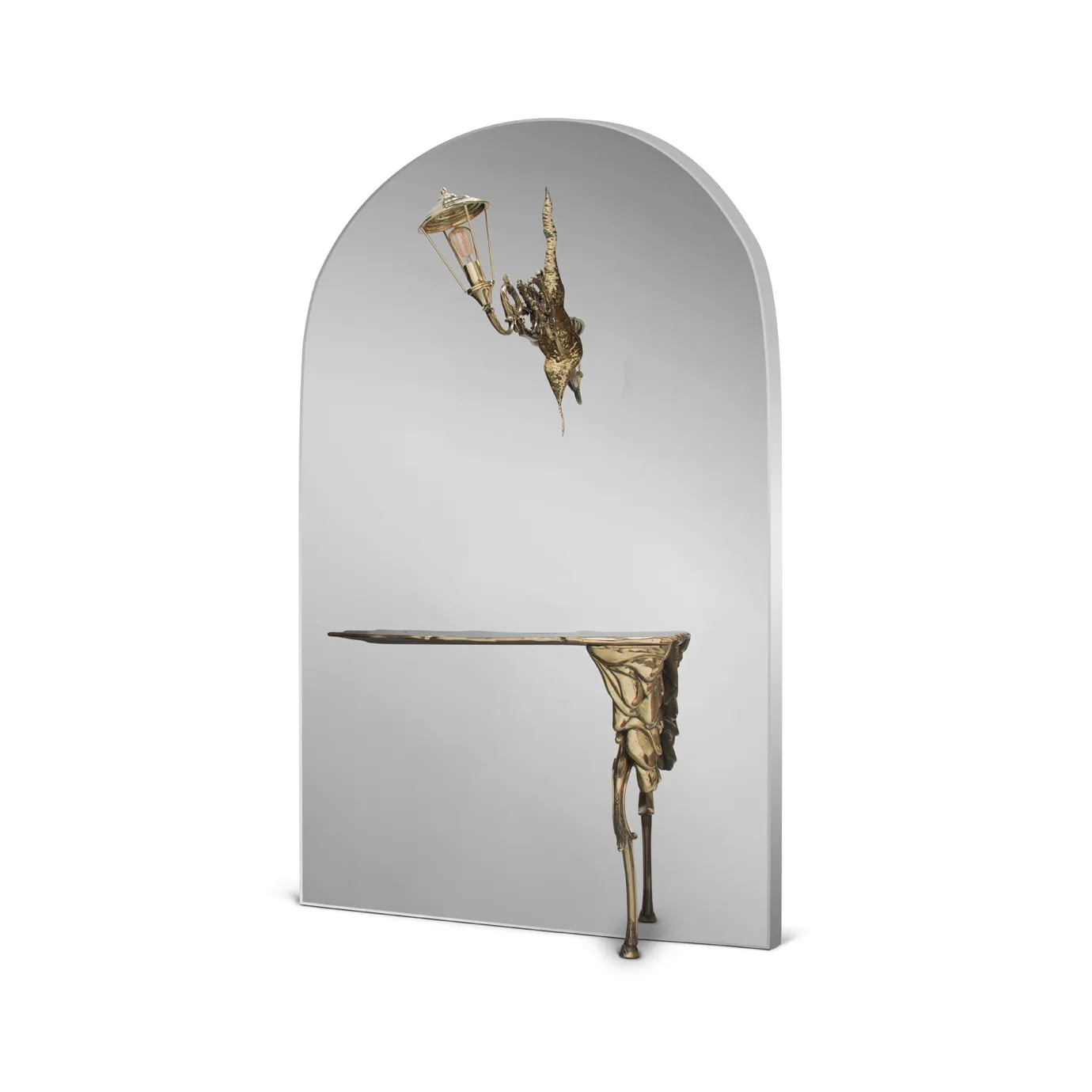 Lumiere Console with an arched mirror and gold accents, featuring a vintage-style lamp and intricate design.