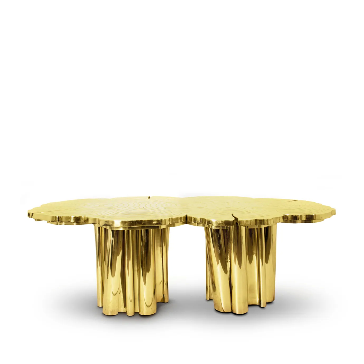 Fortuna Dining Table with a golden, organic design featuring intricate floral patterns and flowing legs.