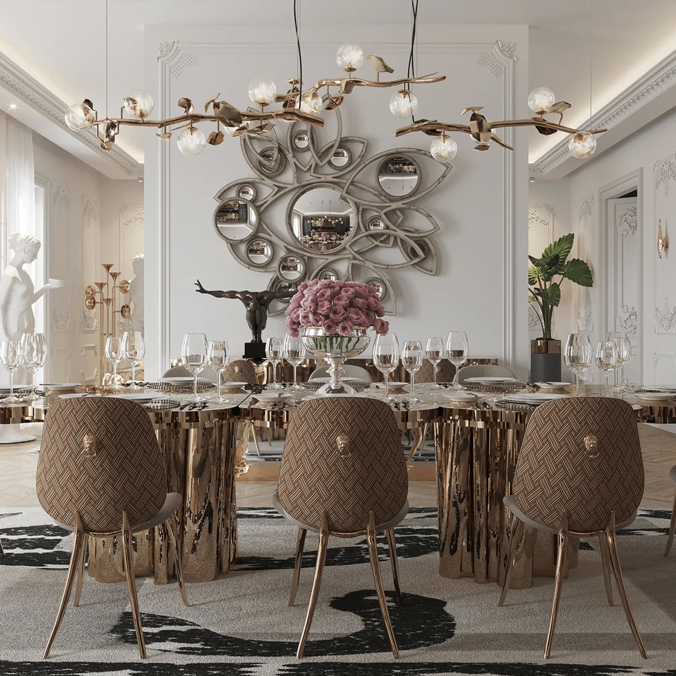 Fortuna Dining Table in a luxurious dining room, styled with gold accents, artful decor, and elegant seating.