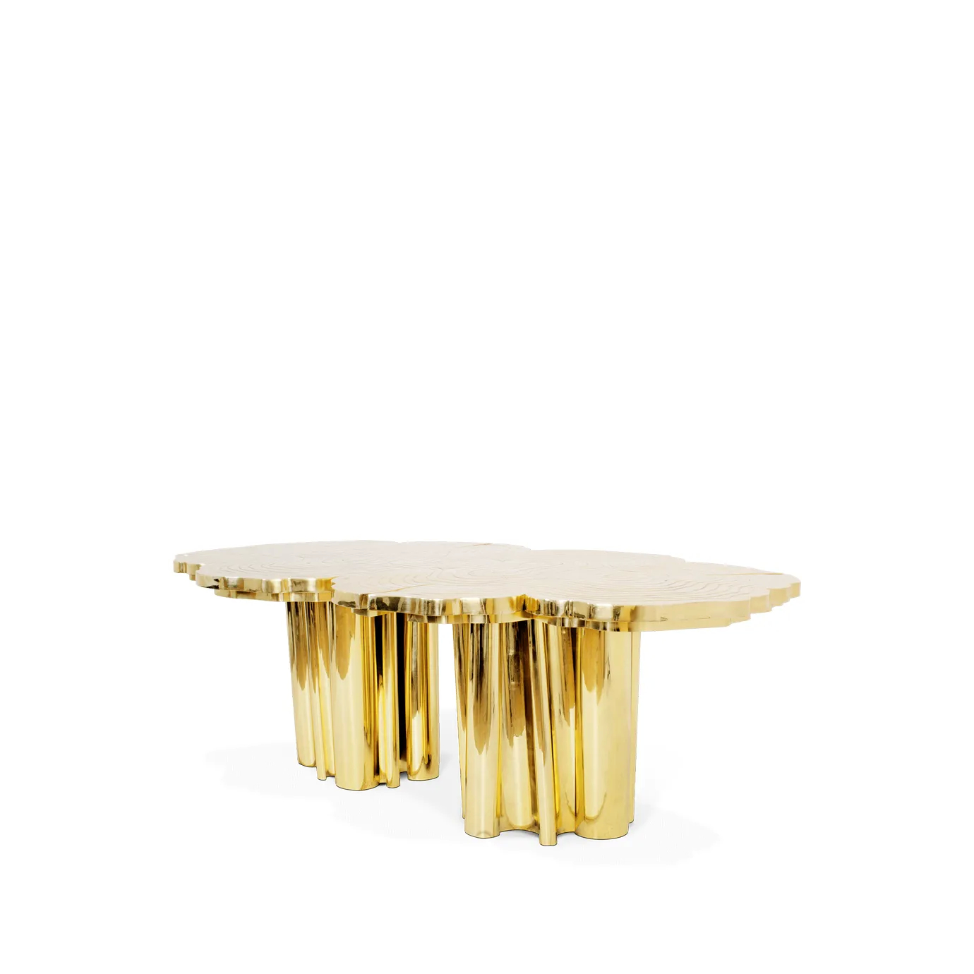 Front view of Fortuna Dining Table with golden, organic design and intricate floral patterns on flowing legs.