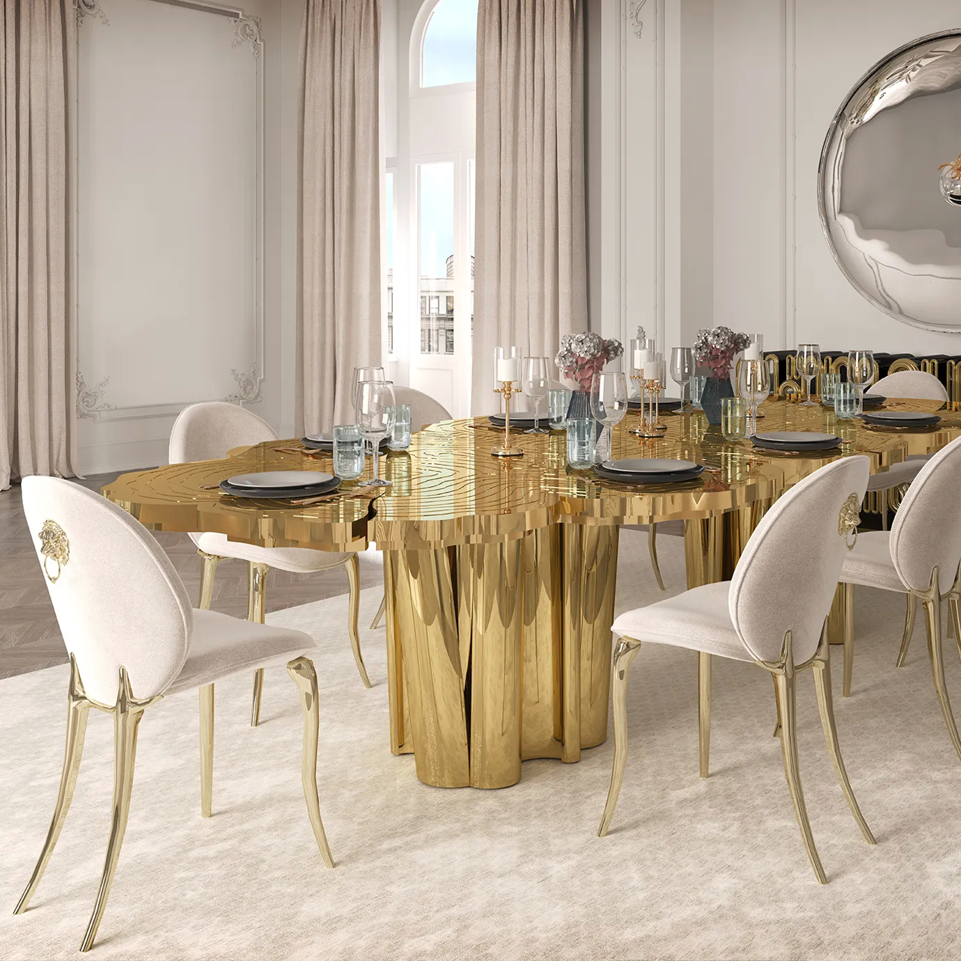 Side view of Fortuna Dining Table in an elegant dining room, showcasing its golden design and stylish surroundings.