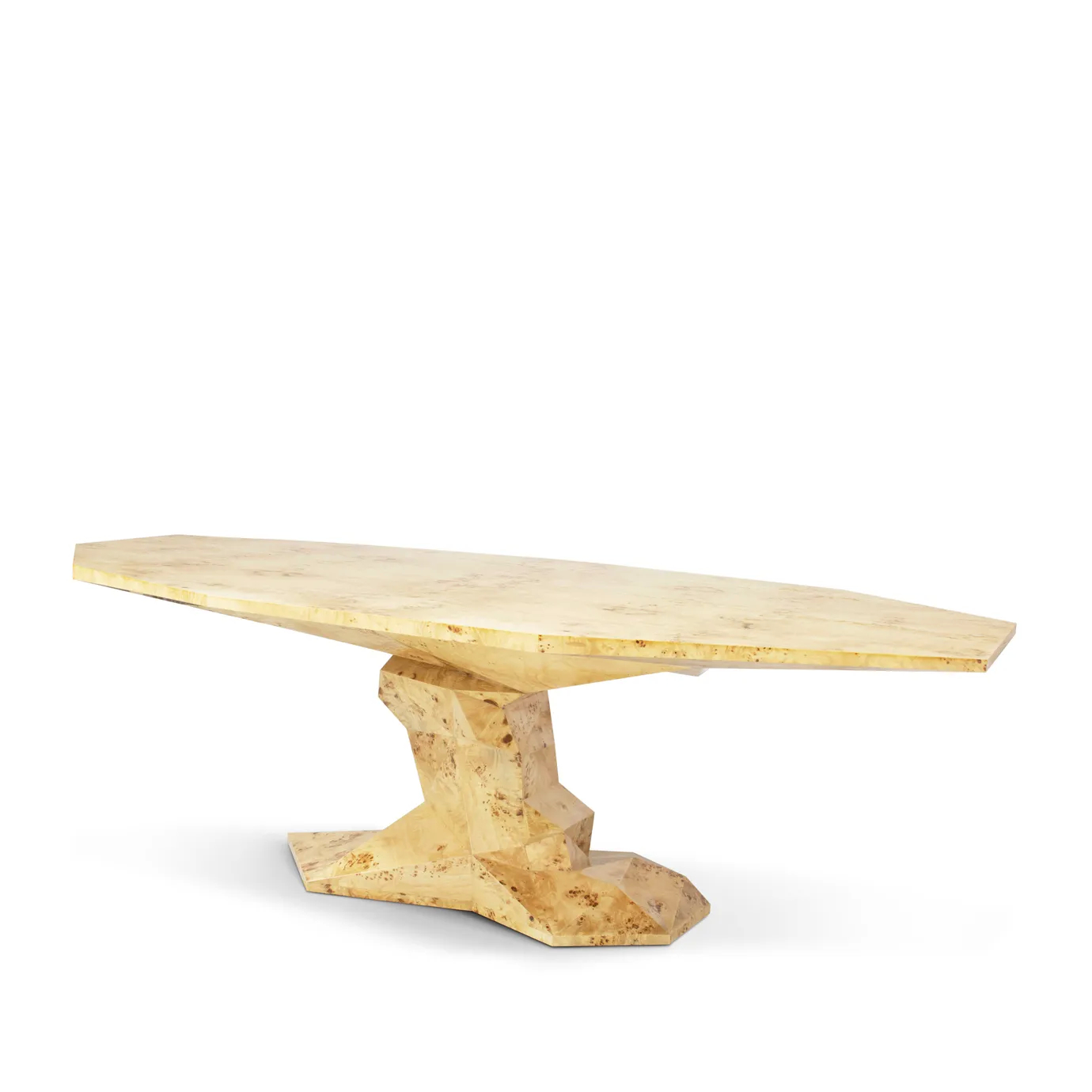 Angled view of the Bonsai Poplar Root Dining Table, highlighting its natural stone top and sculptural, geometric base.