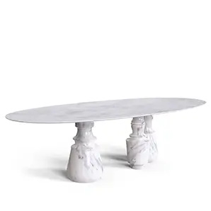 Pietra Oval XL Estremoz Dining Table on a white background, showcasing its smooth stone base and elegant design.