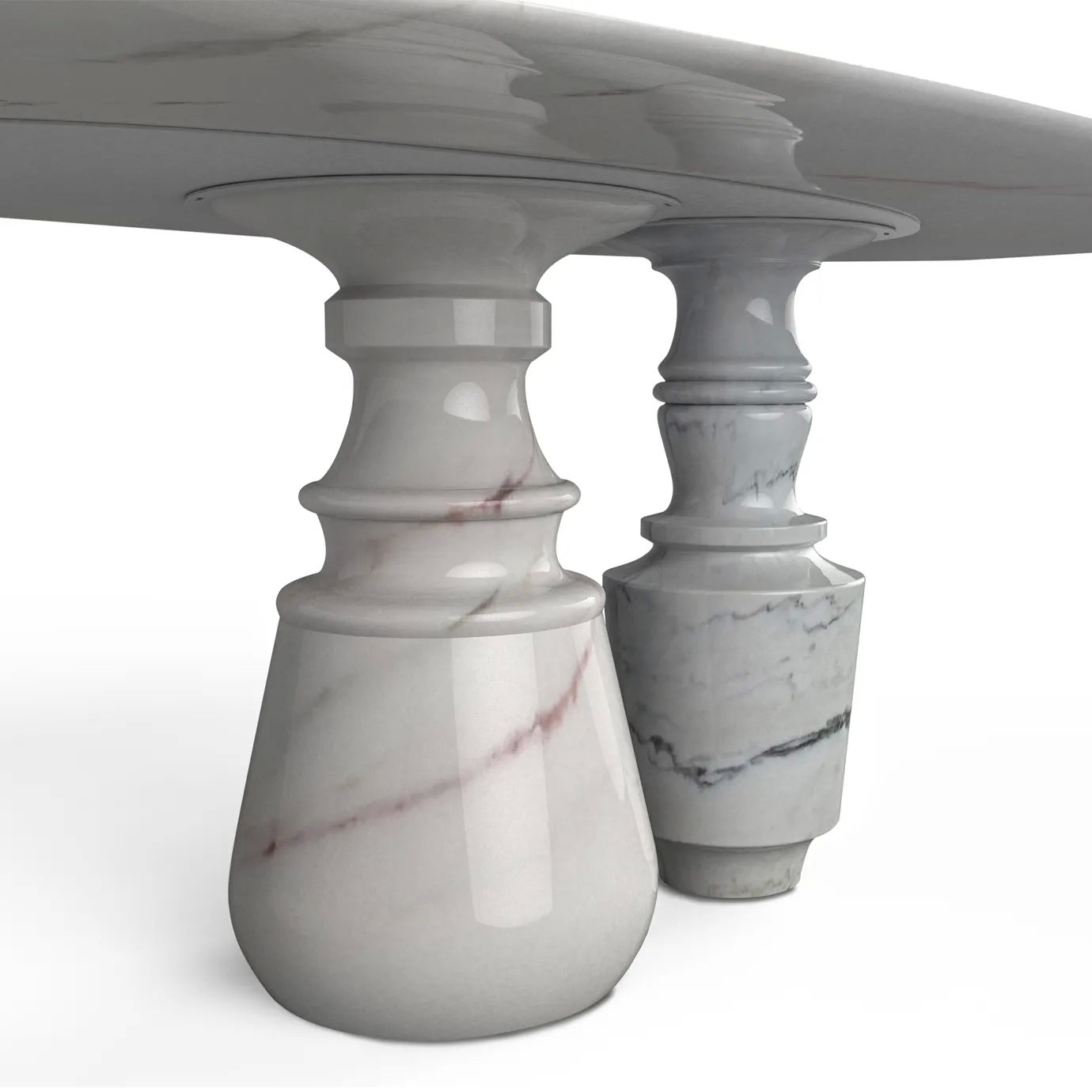 Close-up of smooth stone base of Pietra Oval Estremoz Dining Table, showing elegant, sculptural design.