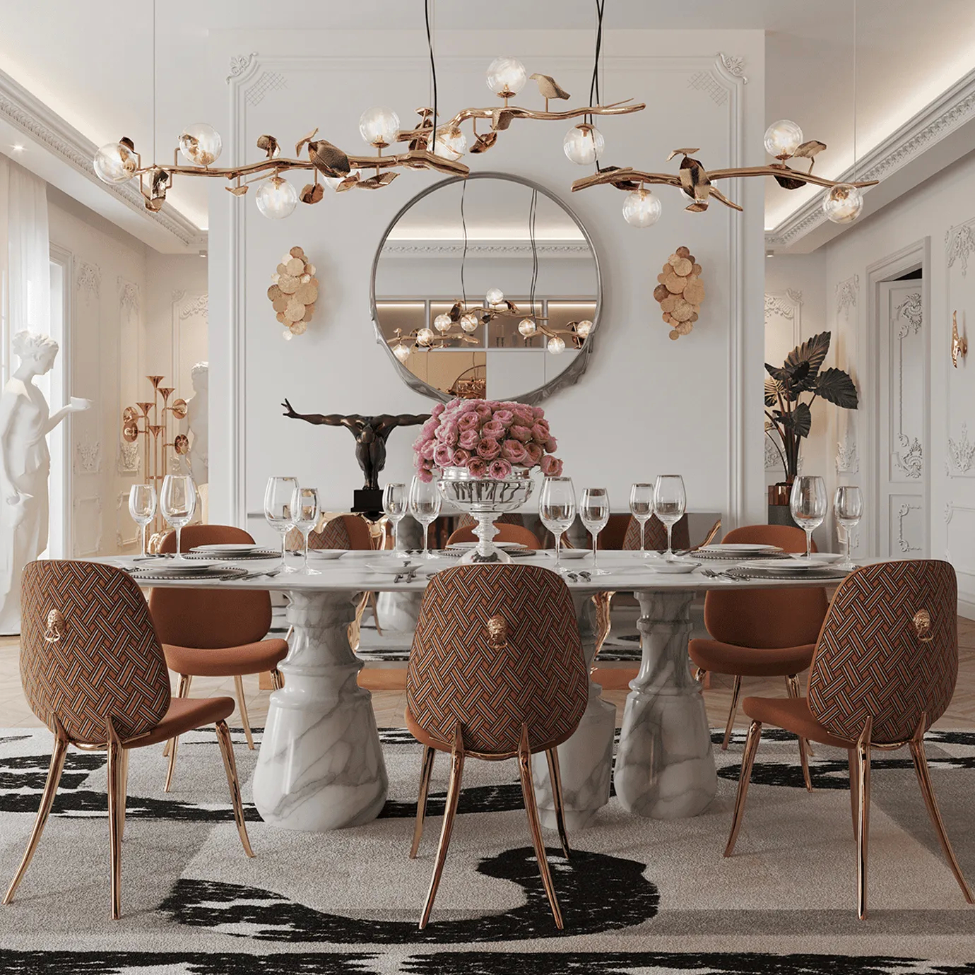 Pietra Oval Estremoz Dining Table in a modern dining room with artwork, chairs, and soft lighting.