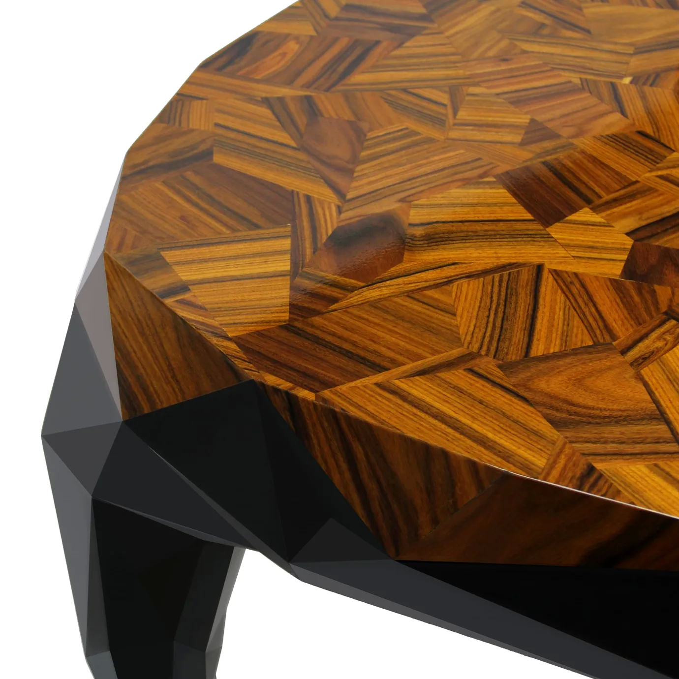Close-up of the luxurious Royal Dining Table showcasing its geometric wood pattern.
