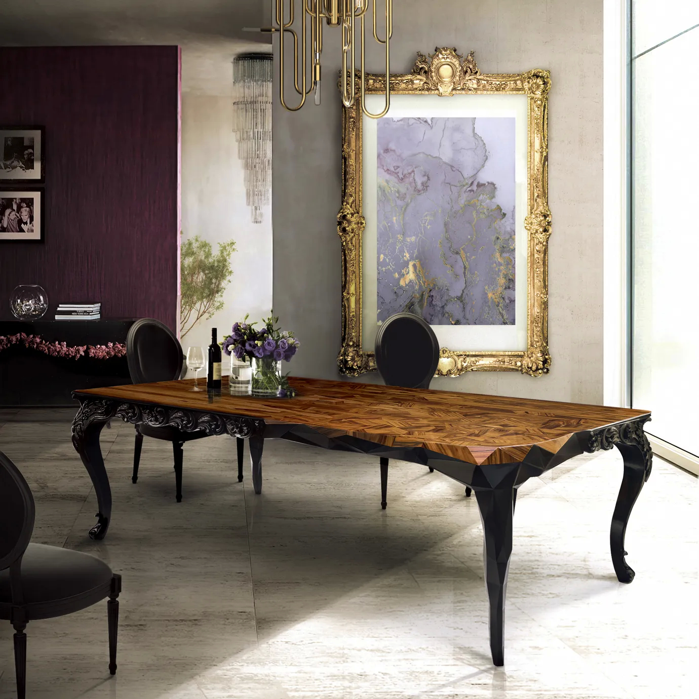 Royal dining table with marble top and gold base in a luxurious dining room.