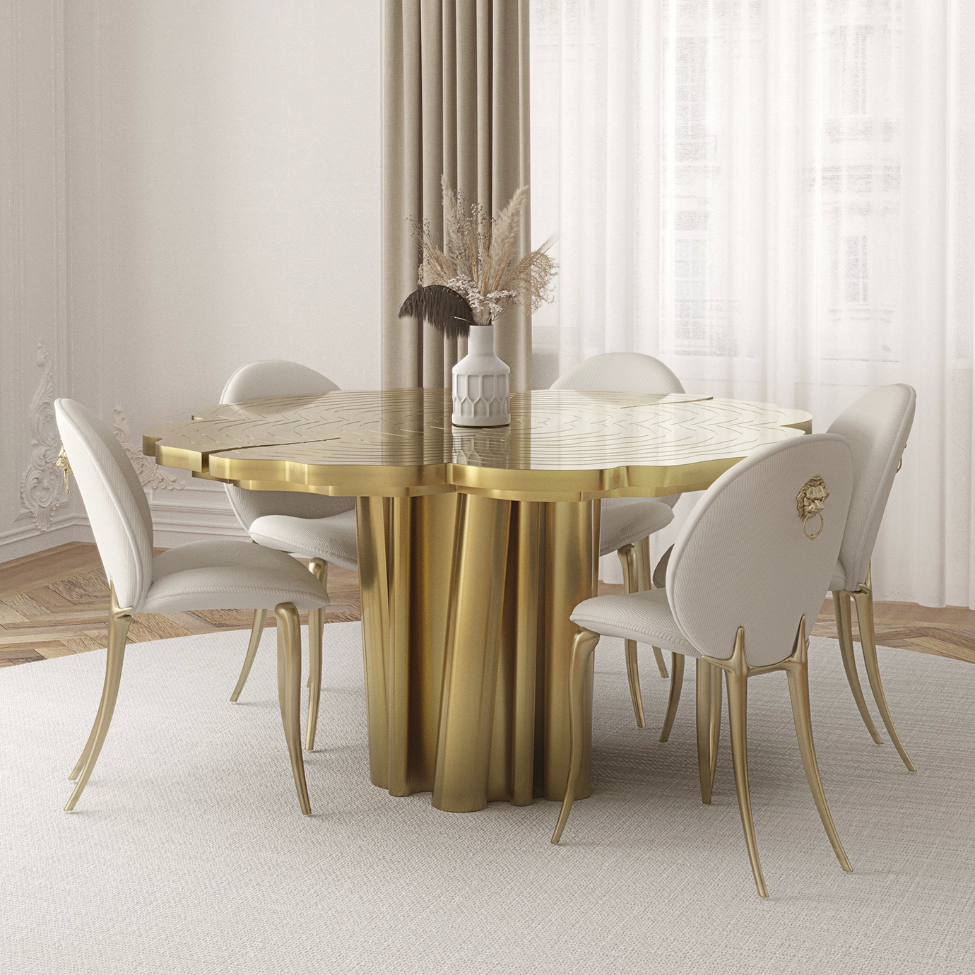 Luxurious Fortuna Round Gold Dining Table set in an elegant dining room.