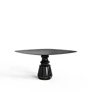 Luxurious Pietra Square Nero Marquina Dining Table with a sleek, dark marble top and base.