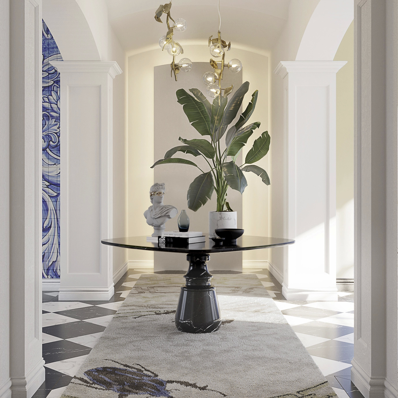 Luxurious Pietra Square Nero Marquina Dining Table set in a stylish hallway.