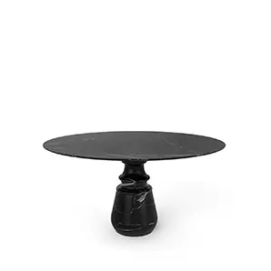 Luxurious Pietra Round Nero Marquina Dining Table with a sleek, dark marble top and base.