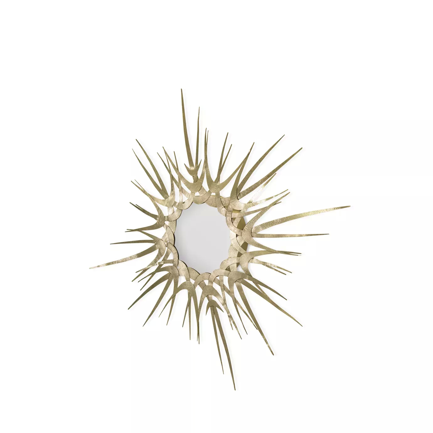 Elegant Guilt Mirror with dramatic sunburst design in textured golden tones and mirrored center.
