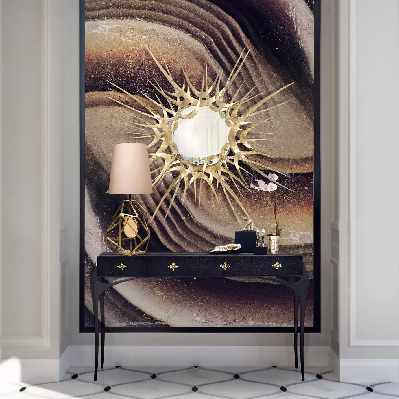 Elegant golden Guilt Mirror with sunburst design above a sophisticated black console table with golden details.